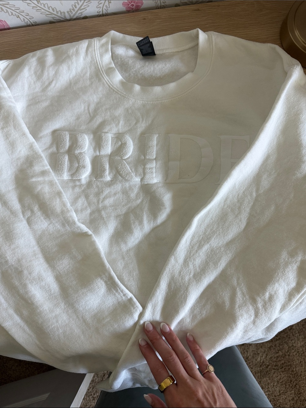 NWOT White Embossed 'BRIDE' Crewneck Sweatshirt